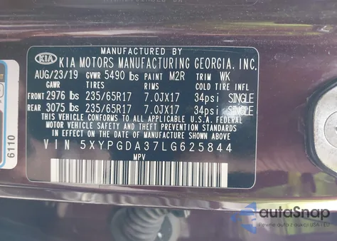 2020 Kia Sorento 2.4L Lx from USA, damaged, VIN 5XYPGDA37LG625844